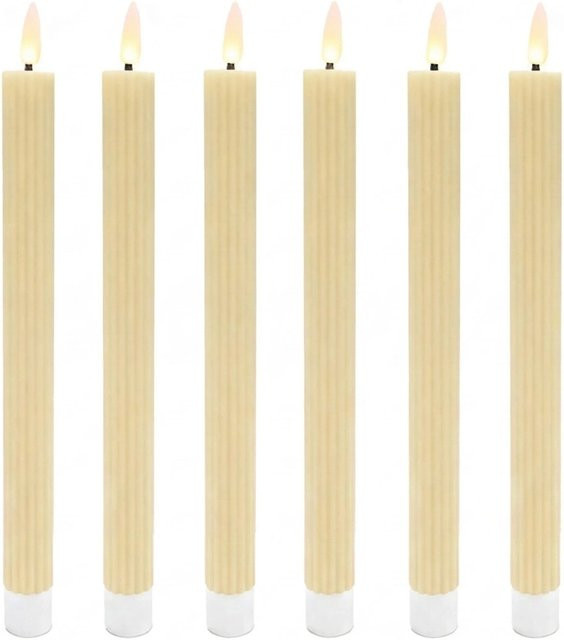 Relaxdays LED Stabkerzen 6er Set aus Echtwachs in Beige mit flackerndem Flammeneffekt und Rillen-Design, Höhe: 25 cm, Durchmesser: 2 cm - Bild 1