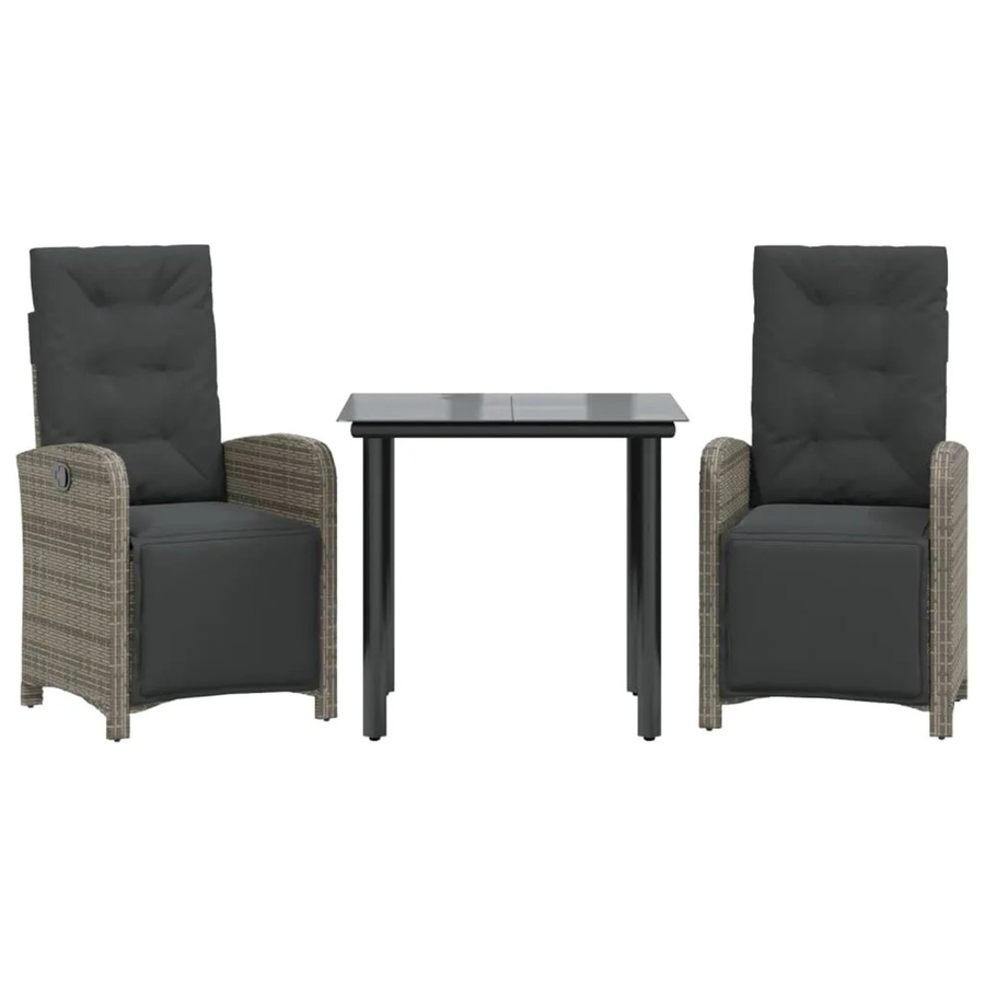 vidaXL 3-teiliges Bistro-Set aus Poly-Rattan in Grau mit Kissen und Glastisch für Garten, Balkon oder Hinterhof - Bild 2