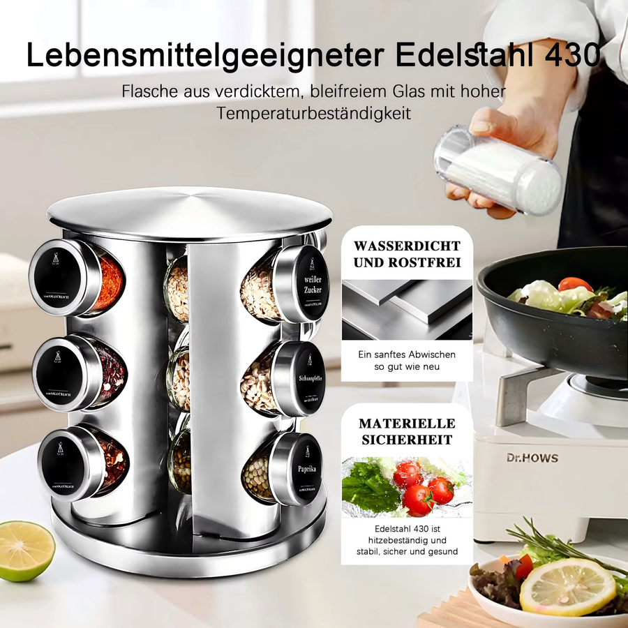 SAEIV Drehbarer Gewürzständer in Silber mit 12 Gewürzbehältern à 100 ml - Bild 5