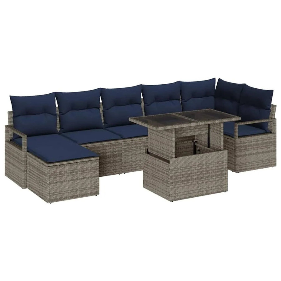 vidaXL 8-teiliges Gartensofa-Set aus Poly-Rattan in Grau und Marineblau mit wetterfesten Polstern und Tisch - Bild 2
