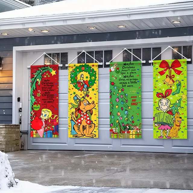 VIKAMA 4er Set Willkommen bei Whoville Weihnachtsbanner, mehrfarbige Textil-Wimpel für deine Weihnachtsdekoration und festliche Partys - Bild 1