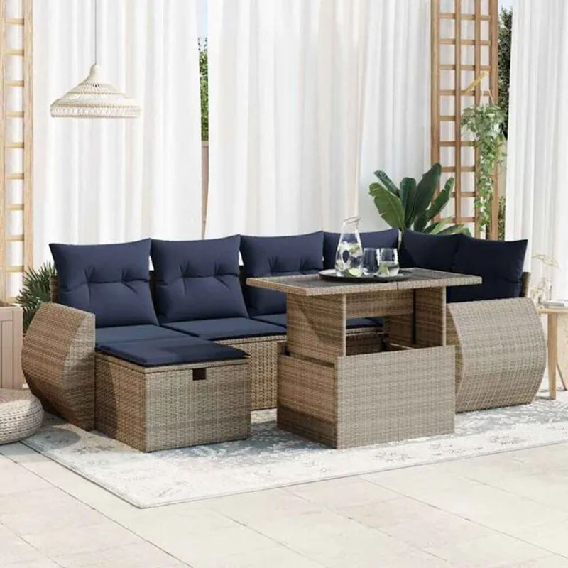 7-teilige moderne Garten-Sofagarnitur aus Poly-Rattan und Akazienholz in Grau mit Kissen von vidaxl - Bild 1