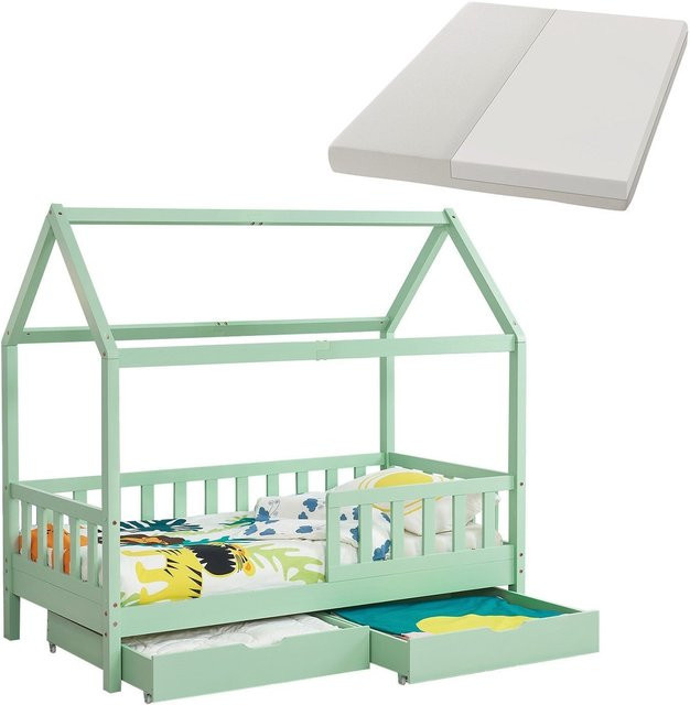 Juskys Kinderbett Marli Hausbett mit Dach, Bettkasten und Matratze, Farbe: Grün, B/T/H: 90 x 200 cm - Bild 1