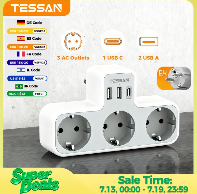 TESSAN 6-in-1 USB-Wandsteckdose mit 3 AC-Steckplätzen als EU-Standard Verlängerungskabel und Wandladegerät für Zuhause und Büro in Grau oder Weiß - Bild 1