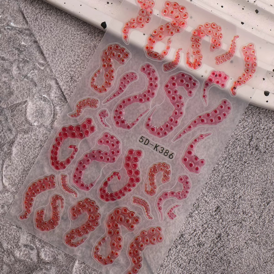 QIANJIKU Nagelaufkleber, Lila-Rot, Oktopus-Tentakel Relief, 3D Geprägt - Bild 3