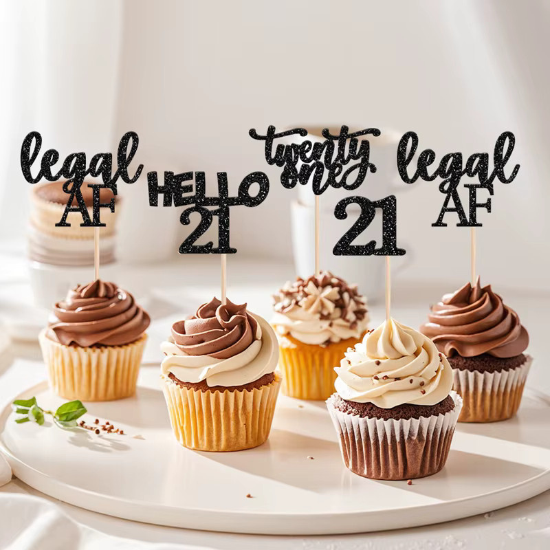 YOMDID 24 Stück Cupcake-Topper zum 21. Geburtstag in Gold und Schwarz mit Hello 21 Legal Af and Twenty One Designs - Bild 3