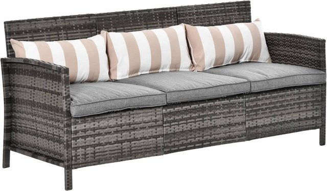 Outsunny Garten-Loungesofa aus Rattan mit Kissen in Grau und Beige, 3-Sitzer mit Armlehnen und Metallrahmen, Breite: 173 cm, Höhe: 78 cm, Tiefe: 68 cm - Bild 1