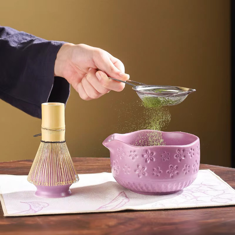 7-teiliges Matcha-Set mit Sakura-Design, grüne Keramikschüssel und Schneebesen für die Teezeremonie - Bild 3