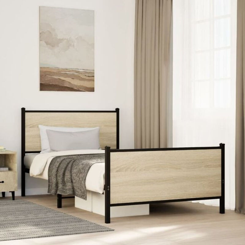 Metallbett Vidaxl in Sonoma-Eiche Natur, Modernes Bettgestell aus Metall und Holzwerkstoff, B/T/H: 100 x 200 x 91,5 cm - Bild 1