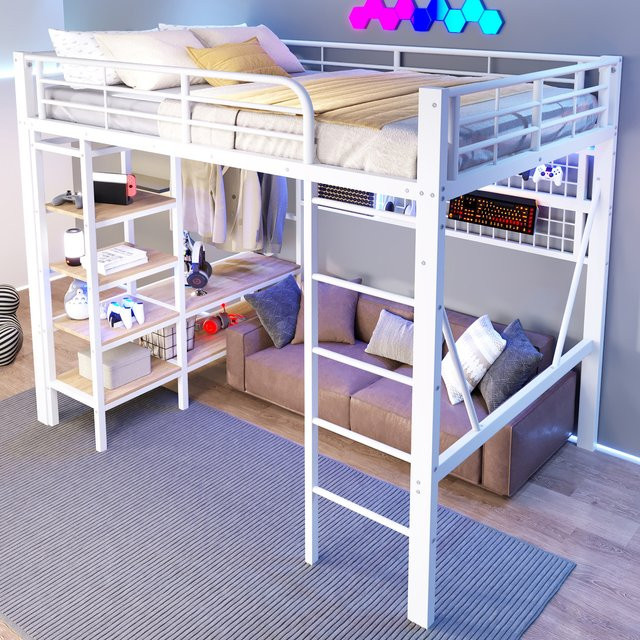 Modernes Hochbett mit L-förmigem Schreibtisch in Weiß, inklusive LED-Beleuchtung, Ladestation, Ablagefächern und Stoffschubladen, B/T/H: 140 x 200 cm - Bild 1