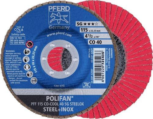 PFERD Fächerschleifscheibe CO-COOL 40 SG STEELOX für Stahl und Edelstahl, Durchmesser: 115 mm, Bohrungs-Ø: 22,23 mm - Bild 1
