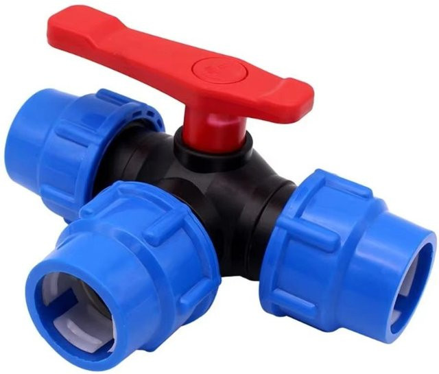 Laizhoubaorong 3-Wege-Kugelhahn für PE-Rohre zur Bewässerung, Blau, Durchmesser: 32 mm - Bild 1