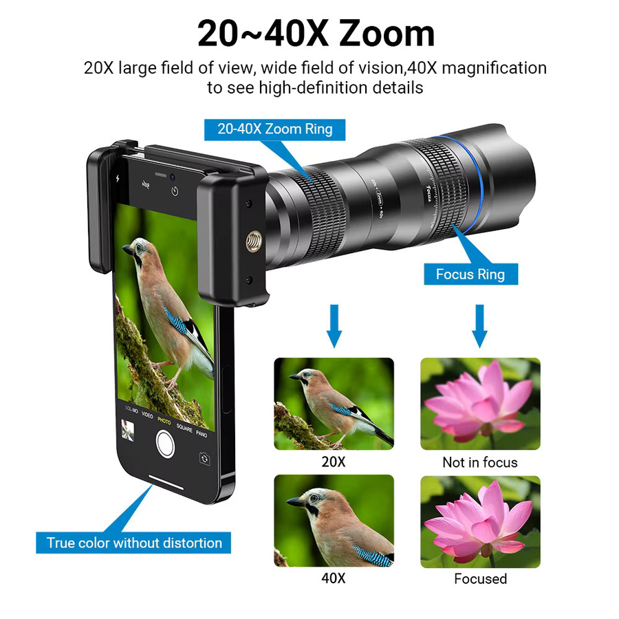 APEXEL HD Teleobjektiv mit 20x-40x Zoom für Smartphones, kompatibel mit Samsung, iPhone und Xiaomi, Schwarz - Bild 4