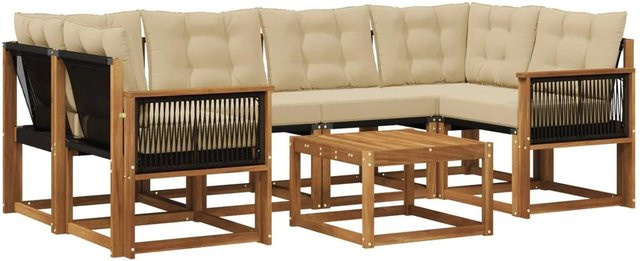 vidaXL Outdoor-Sofagarnitur L-Form aus Akazienholz mit 7 Kissen in Natur und Beige - Bild 1