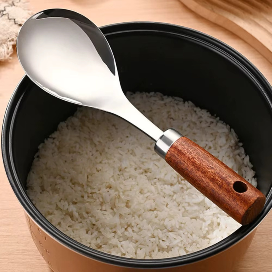 Venlohome Edelstahl-Reislöffel mit Holzgriff in Silber und Braun, hitzebeständiger Reiswaschlöffel und Spatel mit ovaler Form, Länge: 22,5 cm, Breite: 7,5 cm - Bild 2