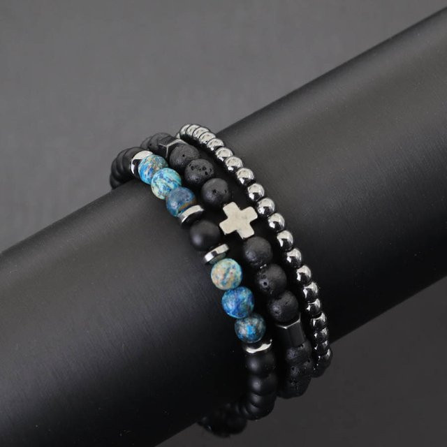 Noter Armband Set, Tigerauge, Lava, Perlen, Kreuz, Hämatit, Herren - Bild 1