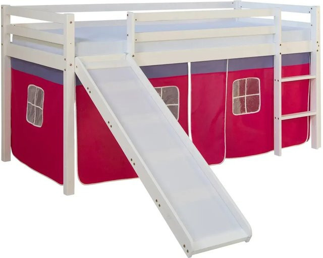 Homestyle4u Hochbett aus Kiefernholz für Kinder in Weiß mit pinkfarbenem Vorhang, B/T/H: 90 x 200 x 160 cm - Bild 1