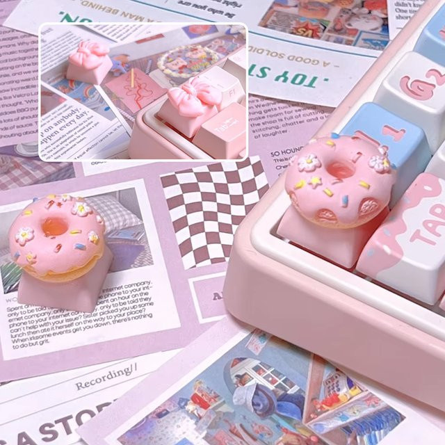 Arvin Rosa Schleife und Donut Tastenkappen für mechanische Tastaturen mit Kreuzschaft im süßen Girly Design in Pink - Bild 1
