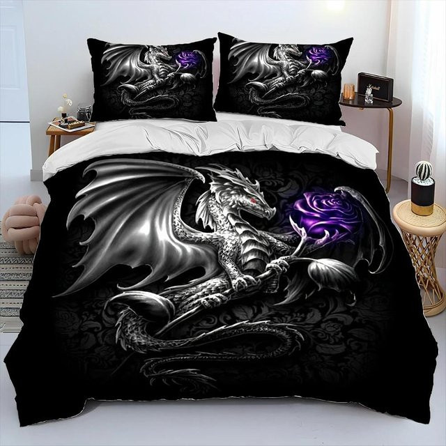 Bettwäsche-Set Lodestar mit Drachen-Cartoon-Motiv in Schwarz, 3-teilig aus Mikrofaser, Breite: 155 cm, Länge: 220 cm - Bild 1