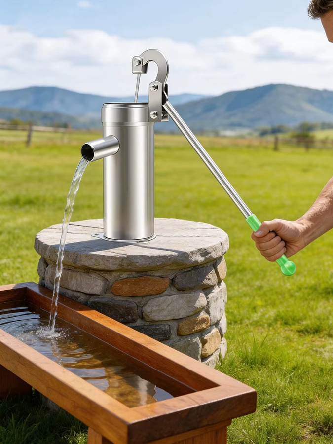 Manuelle Wasserstrahlpumpe aus Edelstahl in Silber für Hausbrunnen, Garten und Hof - Bild 1