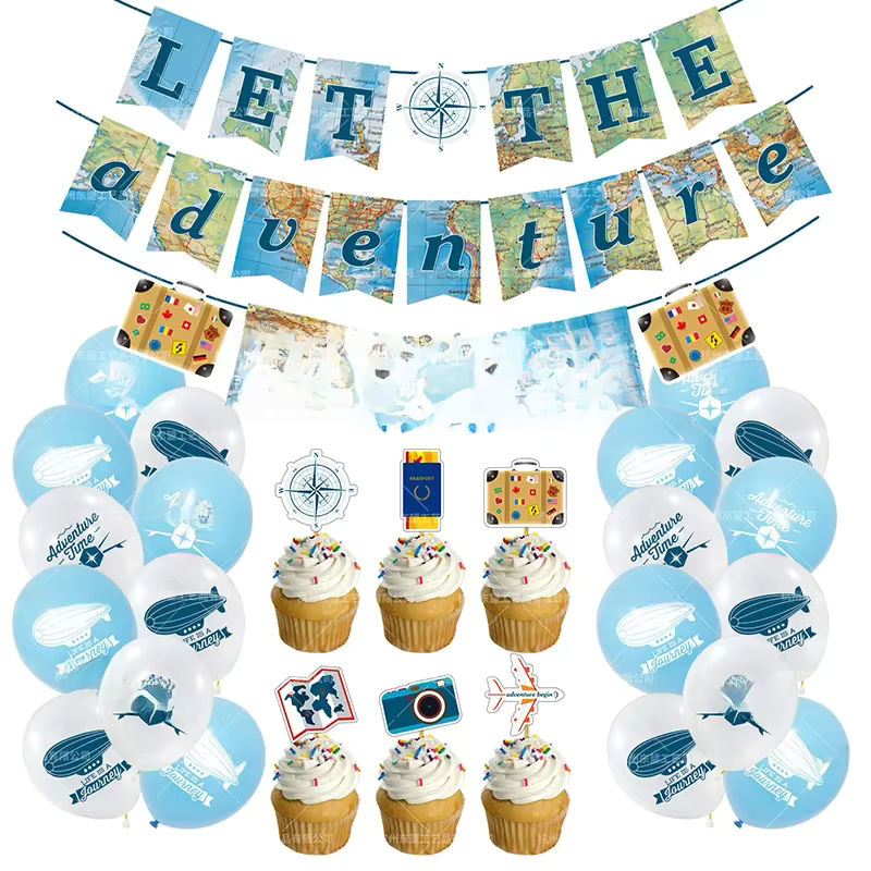 Reise Abenteurer Ruhestand Party Dekoration Set mit Ballon Banner Hintergrund und Papptellern in Blau und Mehrfarbig - Bild 2