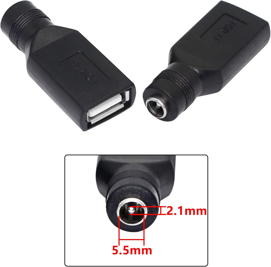 USB-A auf DC 5,5 x 2,1 mm Netzteil-Spitzenkabel mit männlichem und weiblichem DC-Klinkenstecker für 5 V, Schwarz - Bild 2