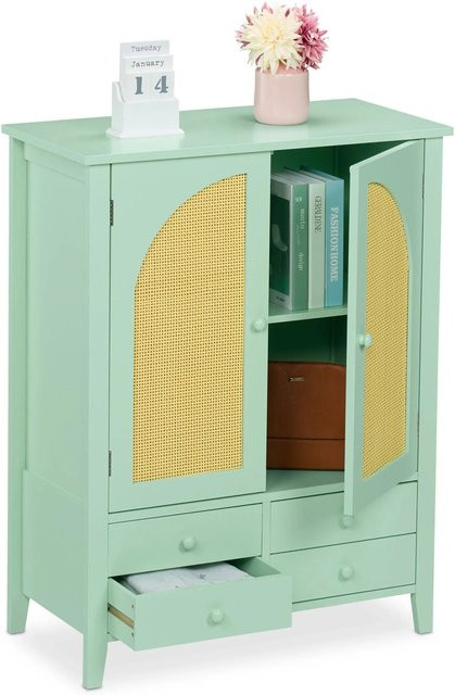 Relaxdays Sideboard im Rattan-Design aus MDF und Kunststoff, Türkis Natur, B/H/T: 90 x 70 x 34 cm - Bild 1