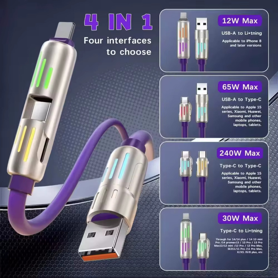 4-in-1 USB-C auf USB-C Schnellladekabel mit 240 W PD, Datenkabel für iPhone 16 Pro Max, 15, iPad, Xiaomi und Samsung, Farbe: Lila, Länge: 1,5 m - Bild 6
