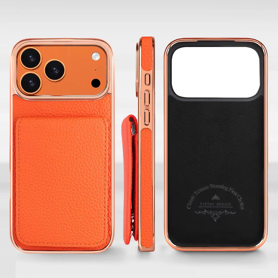 VIETAO Kunstleder-Handyhülle für iPhone 13 bis iPhone 17 Pro Max mit Umhängeband, Kartenhalter und Ständer in Orange - Bild 5