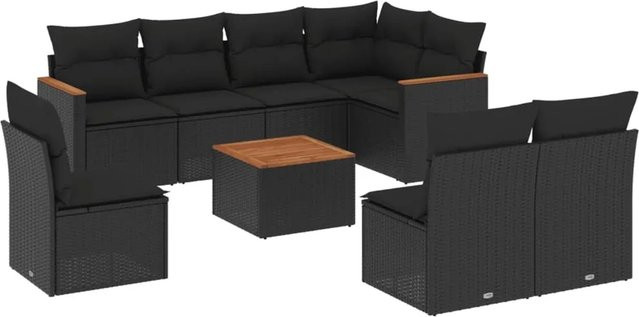vidaXL 9-teilige Garten-Sofagarnitur in L-Form aus schwarzem Poly-Rattan mit Kissen und pulverbeschichtetem Stahlgestell - Bild 1