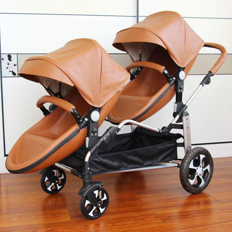 LUVCHAIN 2-in-1 Zwillingskinderwagen mit doppeltem Schlafkorb in Braun - Bild 1