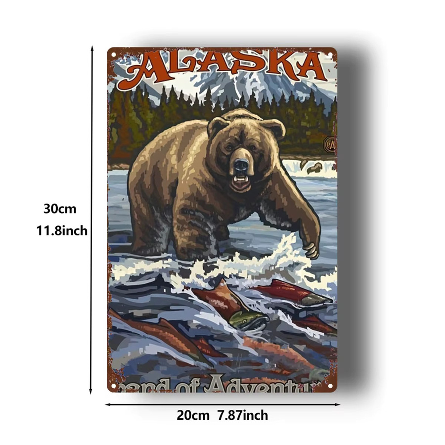HELLOYOUNG Metallschild Alaskan Brown Bear Fishing Retro Wandkunst für Home Bar und Garage, Mehrfarbig, Rechteckig, 30,0 x 20,0 cm - Bild 2