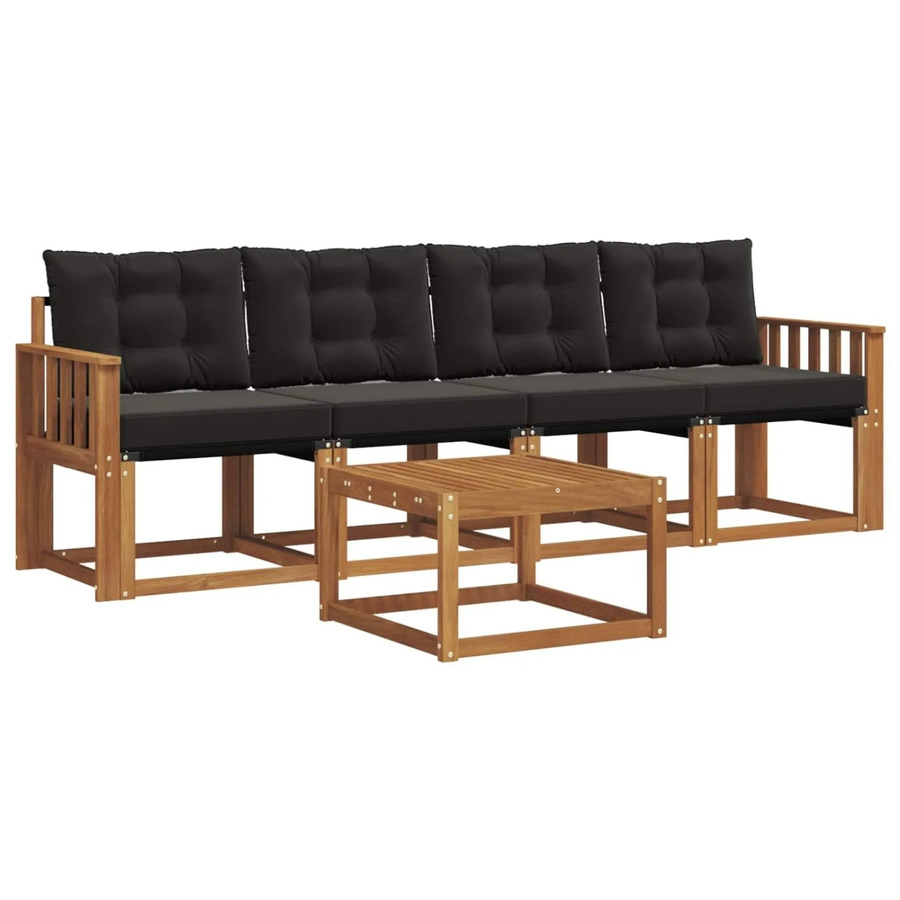 vidaXL Outdoor-Sofagarnitur 5-tlg. aus Akazienholz und Textilene in Natur und Schwarz mit Kissen - Bild 2