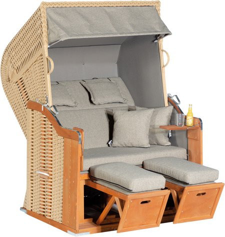 SUNNY SMART Strandkorb Rustikal 255 Plus 2-Sitzer Halbliege in Taupe-Beige mit Kunststoffgeflecht und Kiefernholz - Bild 1