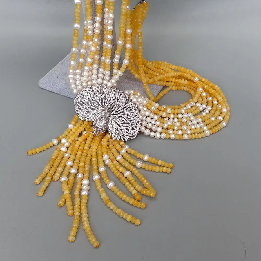 Y·YING Halskette, gelbe Jade, weiße Süßwasserperlen, Pfau-Anhänger, 49,5 cm - Bild 4