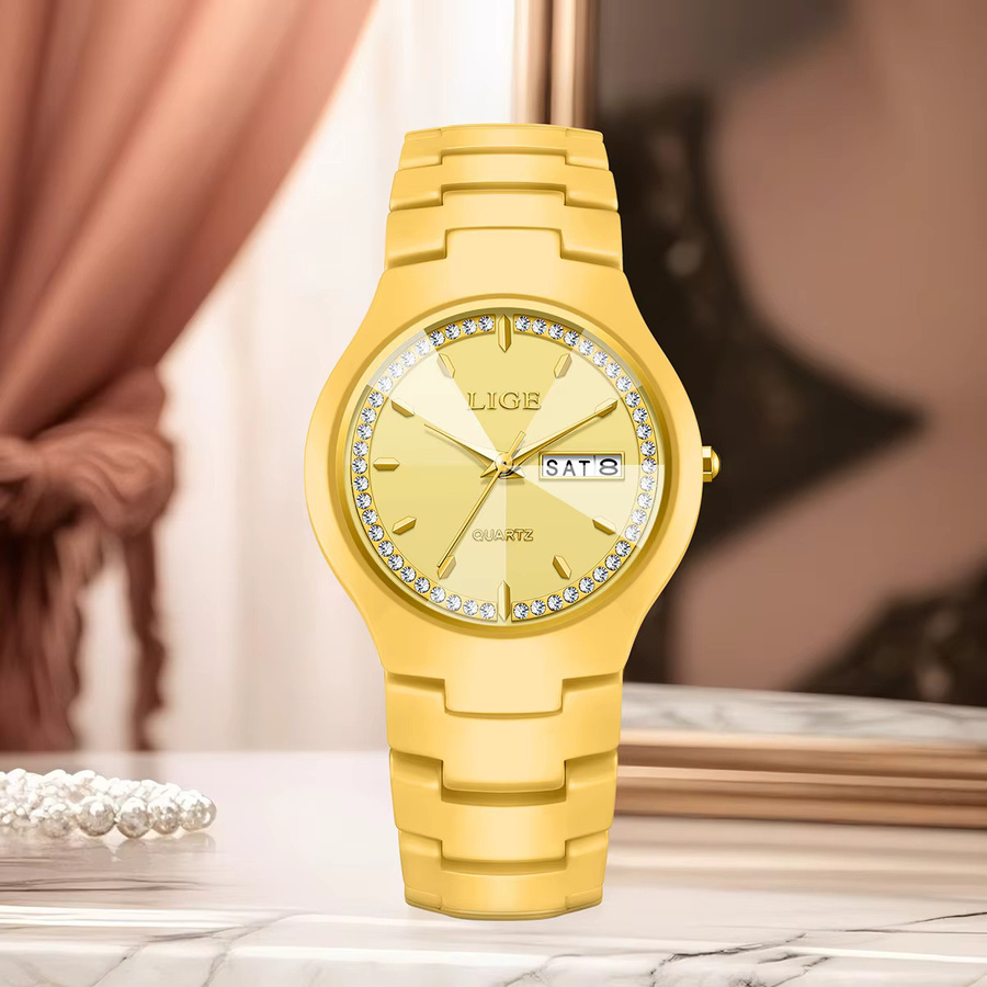 LIGE Armbanduhr Keramik, Gold, Quarz, Damen, Wochentag, Datum - Bild 3