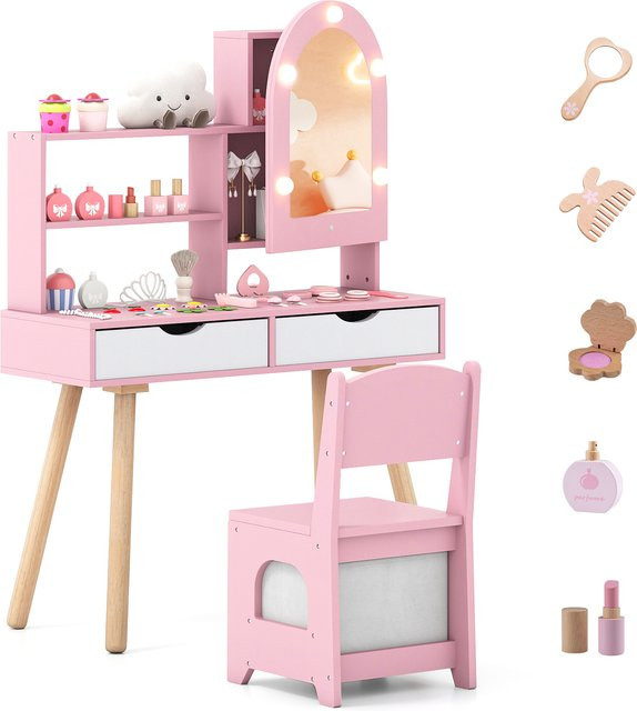 GOFLAME Schminktisch-Set für Kinder aus Holz mit LED-Spiegelschrank in Pink - Bild 1