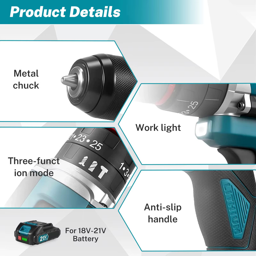 Makita 3-in-1 Elektrischer Schlagbohrer mit 25+3 Drehmoment, Kabelloser Handbohrer für Holzbearbeitung, Kompatibel mit Makita LXT 18V Akku - Bild 3