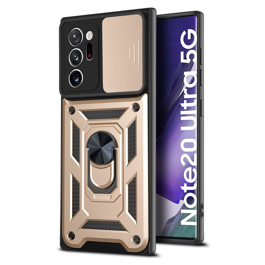 Samsung Galaxy Note 20 Ultra Panzerhülle mit magnetischem Ringhalter und Schiebe-Kameraschutz in Silber oder Gold - Bild 1