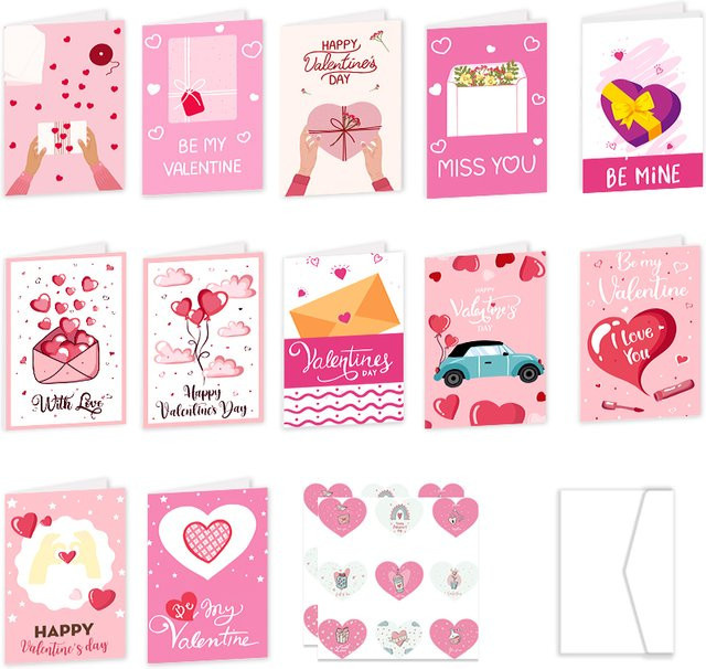 26er Set Valentinstag Grußkarten mit Umschlägen von joy-enlife in Rosa mit Herz-Design für Hochzeit und Party - Bild 1
