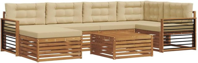 vidaXL Outdoor-Sofagarnitur aus Akazienholz in L-Form mit 7-teiligem Set, Farbe Natur und Beige, inklusive wetterfester Kissen aus UV-beständigem Polyester - Bild 1