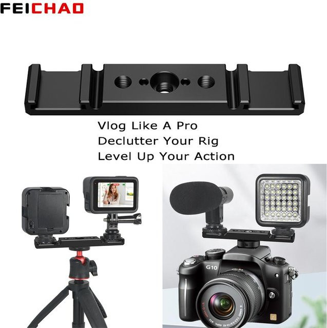 FEICHAO Dual Cold Shoe Halterung mit 1/4 ARRI Anschluss für Canon und Sony DSLR Kameras, Aluminium Expansion Bar, Schwarz - Bild 1