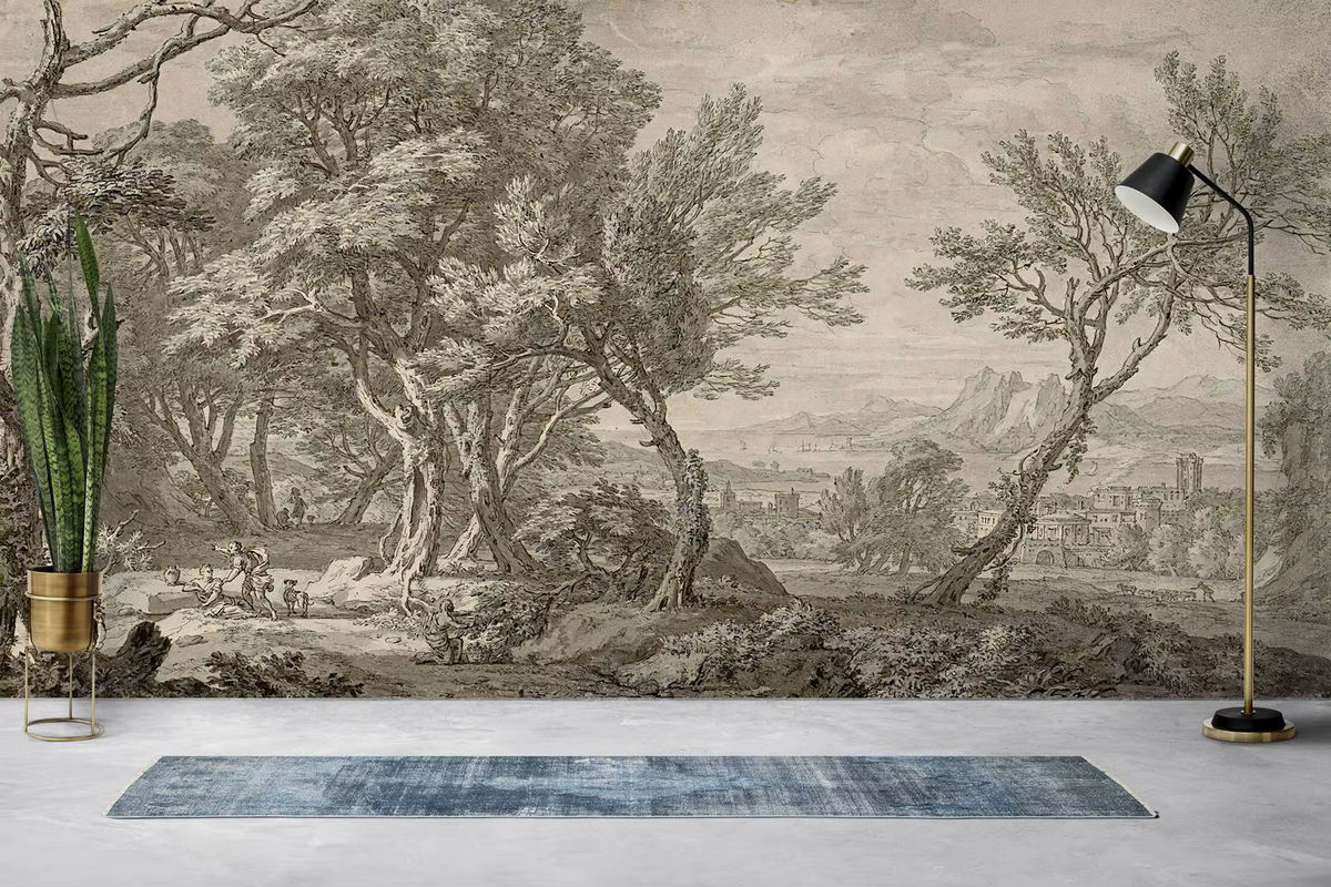 Vintage szenische Tapete von Pixel&Wall als Landschaft Panorama Wandbild mit Bäumen in Schwarz-Weiß-Grau im Bleistift-Stil - Bild 5