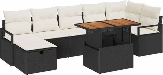 vidaXL Garten-Sofa-Set aus Poly-Rattan und Akazienholz in Schwarz, 8-teiliges L-Shape Set mit Kissen und Stauraumfunktion - Bild 1