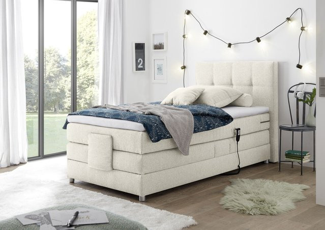 Boxspringbett HARPER BORBA in Ivory Creme mit motorisierter Kopfteilverstellung und Bonell-Federkern, B/T: 120 x 200 cm - Bild 1