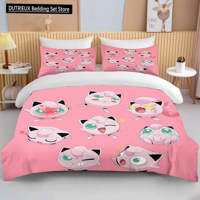 Pokémon Bettwäsche-Set mit Jigglypuff-Print in Rosa, bestehend aus 1 Bettbezug und 2 Kissenbezügen, aus Mikrofaser für Erwachsene und Kinder, Breite: 228 cm - Bild 1
