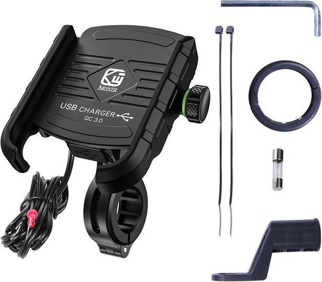 JadeBamboo Motorrad-Telefonhalterung mit QC3.0 Ladegerät für 12V/24V Fahrzeuge, kompatibel mit 4,0 bis 7 Zoll Smartphones, Farbe: Schwarz, B/T/H: 9 x 6,8 x 1,5 cm - Bild 1