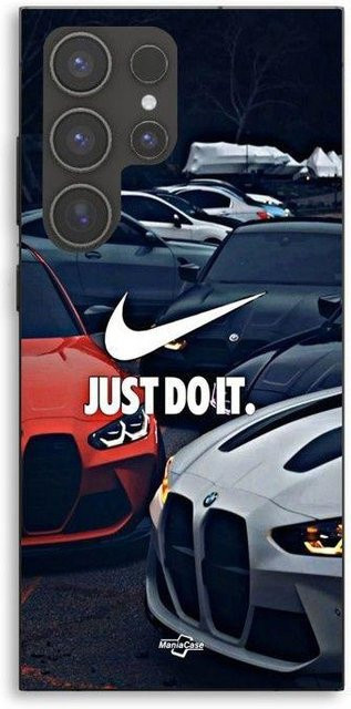 MANIACASE Silikon TPU Handyhülle für Samsung Galaxy S24 Ultra mit BMW M und Nike Just Do It Motiv in Schwarz - Bild 1