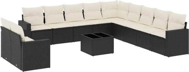vidaXL 12-tlg. Garten-Sofagarnitur in L-Form aus schwarzem Poly-Rattan mit Kissen und pulverbeschichtetem Stahlgestell - Bild 1