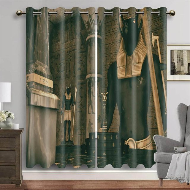 Yiran Furniture Vorhänge mit Antiken Ägyptischen Göttern und Hieroglyphen, halbtransparent, Mehrfarbig, B: 50 cm, H: 130 cm, 2 Stück - Bild 1